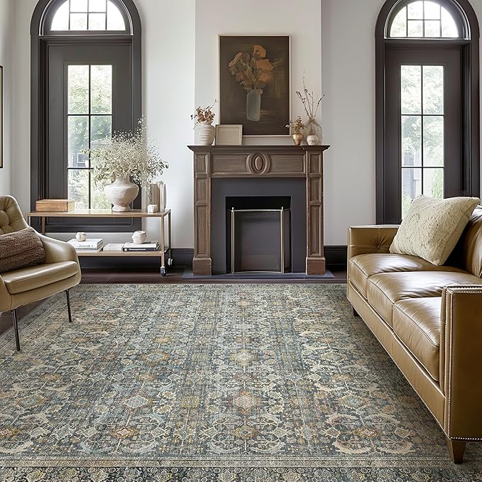 6X9 Area Rugs Machine Washable Rugs for Living Room, Vintage Boho Large Rugs for Bedroom Dining Room, Non Slip Indoor Soft Distressed Lightweight Thin Low Pile Carpet, Terracotta