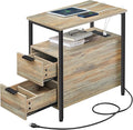 VASAGLE Side Table with Charging Station, Narrow End Table with 2 Drawers, Slim Nightstand and Bedside Table with Storage, for Small Spaces, Oak with Blue Grains and Black ULET321B60
