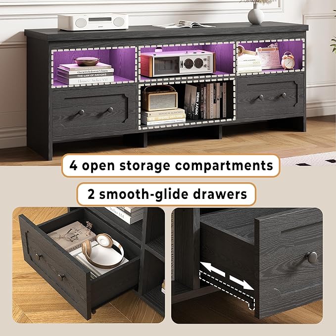 IRONCK TV Stand for 65 Inch TV, 63" LED Entertainment Center with Storage Cabinets, Power Outlets and Open Shelf, Media Console TV Cabinet with Drawers for Living Room, Black