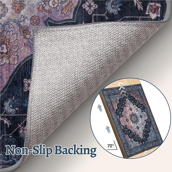 Tangsoo 2x6 Washable Runner Rug for Hallways, Non Slip Vintage Runner, Soft Low Pile Long Rug Runner, Print Distressed Navy/Mlulti Carpet Runners for Kitchen Bedroom Entryway Bathroom Living Room
