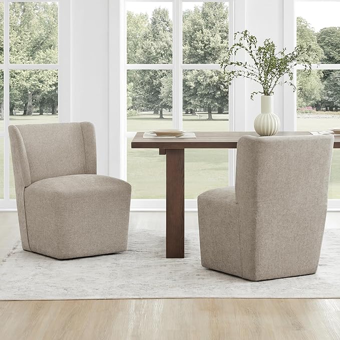 Upholstered Dining Chair with Casters Wingback Modern Side Armless Deskchair with Rollers for Diningroom Bedroom Livingroom Reading Room,Khaki,2 Box