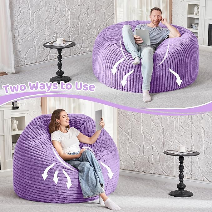 HABUTWAY 5FT Bean Bag Chair, 5' Large Bean Bag Chairs for Adults with Removable Stripe Plush Cover, Memory Foam Beanbag Chair for Living Room Bedroom Dorm (Purple)