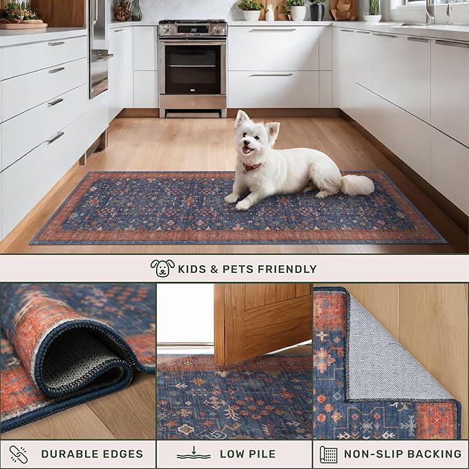 Navy Blue Runner Rug 2x5 for Kitchen, Hallway, Mudroom, Laundry Room, Bathroom, Washable Non Slip Non Skid Rubber Backing Low Pile Stain Resistance