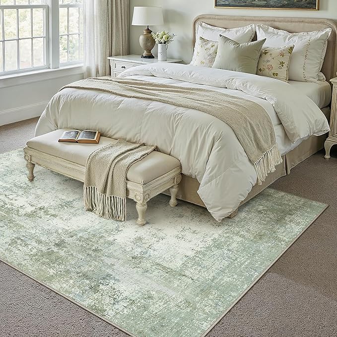 6x9 Washable Area Rug Green Modern Neutral Abstract Living Room Bedroom Indoor Floor Carpet Low Pile Soft Non-Slip Lightweight Vacuumable Throw Rug for Nursery Dining Room Office