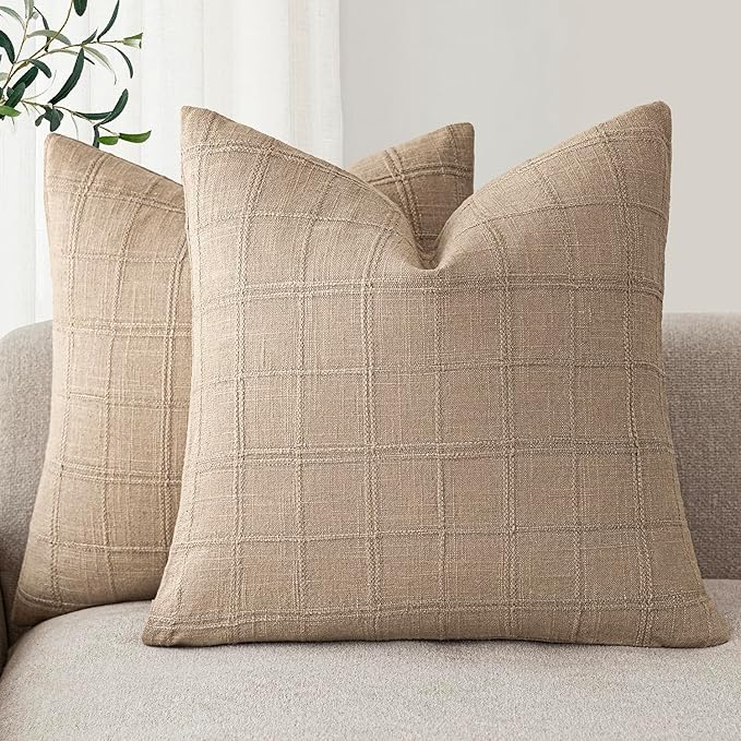 Foindtower Set of 2 Decorative Linen Check Throw Pillow Covers Neutral Farmhouse Vintage Cushion Covers Modern Coastal Boho Home Decor For Sofa Chair Couch Bedroom Living Room Outdoor,16×16 Inch,Camel
