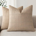 Foindtower Set of 2 Decorative Linen Check Throw Pillow Covers Neutral Farmhouse Vintage Cushion Covers Modern Coastal Boho Home Decor For Sofa Chair Couch Bedroom Living Room Outdoor,18×18 Inch,Camel