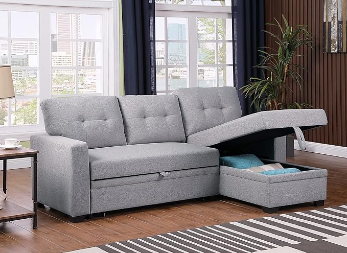 Devion Furniture Meridian 4-in-1 Convertible L Shaped Couch with Pull Out Bed and Storage, Sectional Sleeper Sofa with Reversible Chaise for Living Room, Apartment, Bedroom, Office