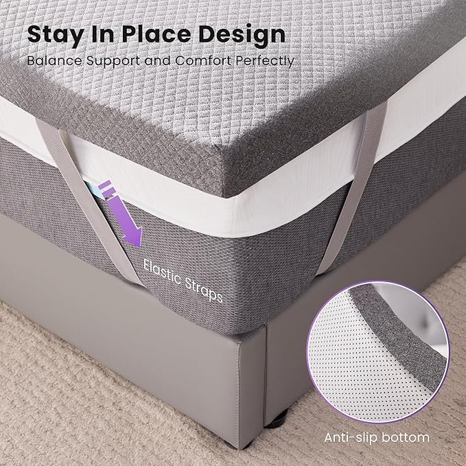 SINWEEK 2 Inch Gel Memory Foam Mattress Topper King Size, Pad for Back Pain, Bed Topper with Removable Soft Cover, CertiPUR-US Certified,Grey