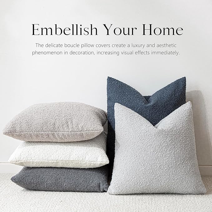 Foindtower Pack of 2, Decorative Textured Boucle Throw Pillow Covers Accent Solid Pillow Cases Cozy Soft Couch Cushion Case for Chair Sofa Bedroom Living Room Home Decor 22 x 22 Inch Light Grey