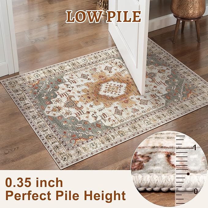 Tangsoo 5x7 Area Rug Washable Rugs for Living Room, Vintage Indoor Non Slip Large Area Rugs, Print Distressed Turmeric Carpet, Soft Low Pile Rug Foldable Floor for Bedroom Dining Room Dorm