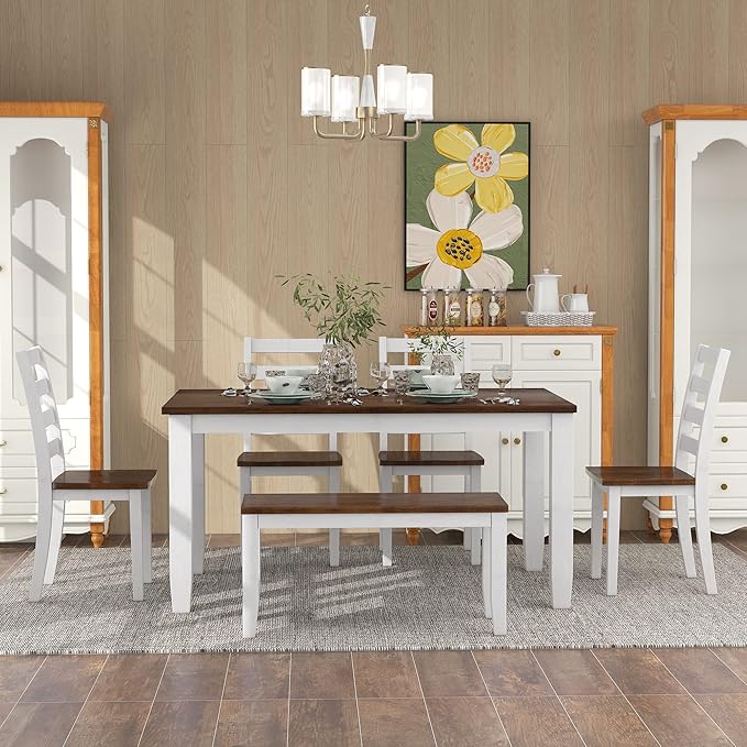Merax 6-Piece Wooden Rectangular Dining Table Set with 4 Rubber Wood Chairs and 1 Bench
