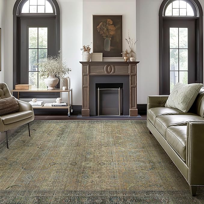 6X9 Area Rugs Machine Washable Rugs for Living Room, Vintage Boho Large Rugs for Bedroom Dining Room, Non Slip Indoor Soft Distressed Lightweight Thin Low Pile Carpet, Vintage Sunset