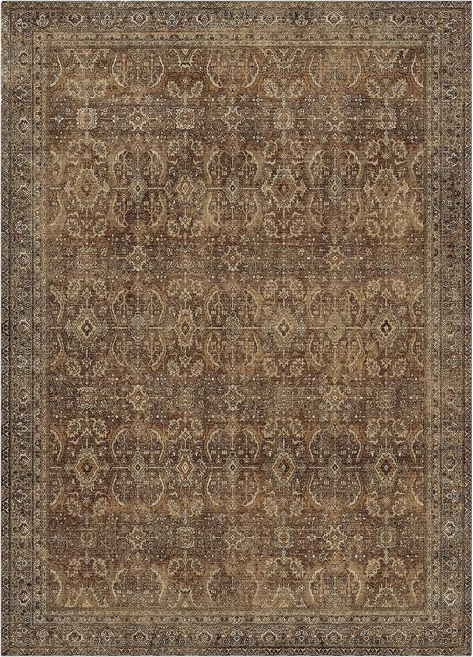 9X12 Area Rugs Machine Washable Rugs for Living Room, Vintage Boho Large Rugs for Bedroom Dining Room, Non Slip Indoor Soft Distressed Lightweight Thin Low Pile Carpet, Rustic Brown