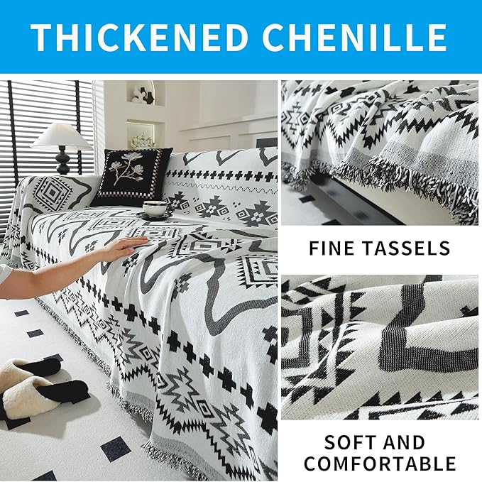 LUFEIJIASHI Boho Couch Covers for Sofa Non Slip Sofa Covers Washable Couch Covers for 3 Cushion Couch Sofa Pet Friendly Sectional Couch Cover Blanket Furniture Protector for Dogs (Black, 71"x118")