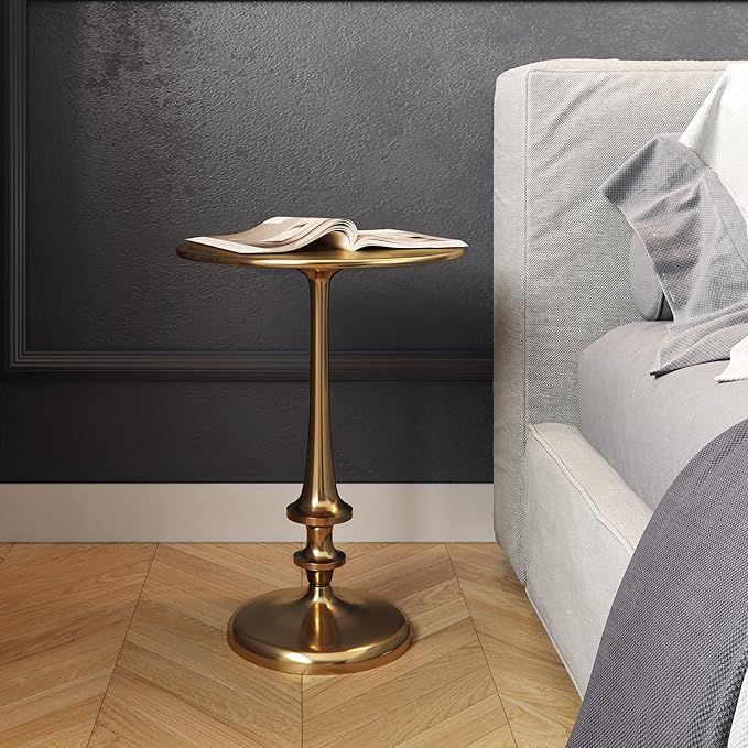 Lavish Home Side Table - Iron Pedestal Table with Antiqued Brass Finish for Couch, Loveseat, Entryway, or Bed - Vintage Living Room Furniture