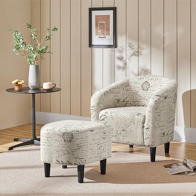 Yaheetech Modren Club Chair with Ottoman, Fabric Accent Armchair with Footstool, Upholstered Barrel Chair and Footrest for Living Room Bedroom Guestroom, Letter Print