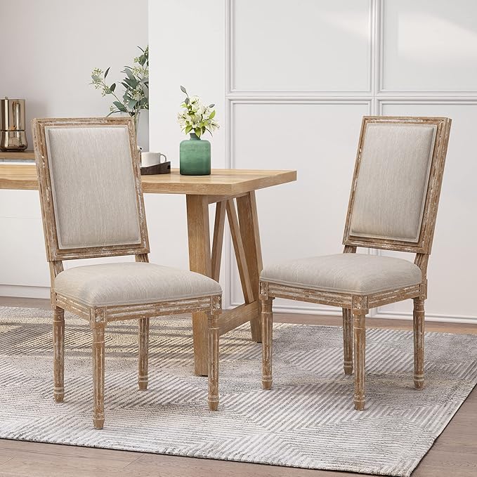Christopher Knight Home Regina French Country Dining Chairs Set of 2, Wooden Dining Room Chair, High Back Kitchen Side Chair, Fabric Upholstered Armless Extra Seat, Beige and Natural