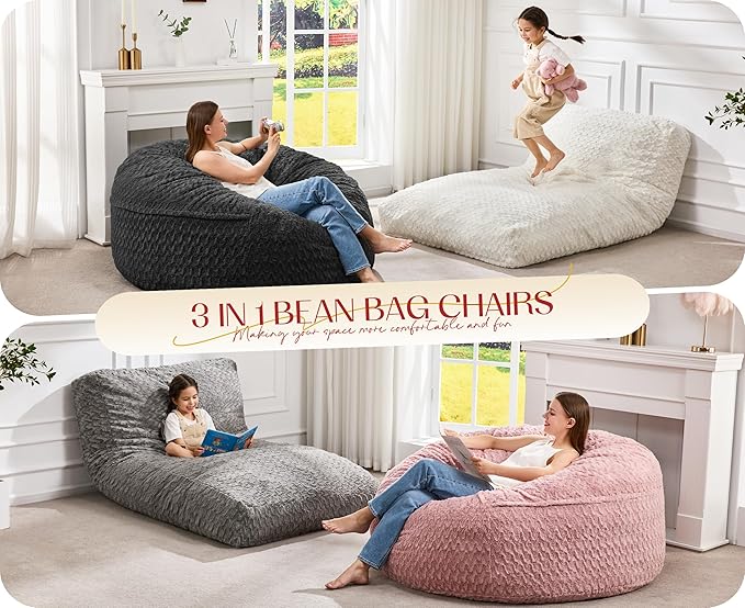 Hobestluk Bean Bag Chair Convertible Beanbag Chairs for Adults, 3 in 1 Bean Bags with Plush Chevron Cover, Adult Bean Bag Chair for Living Room, Bedroom (White, Twin)