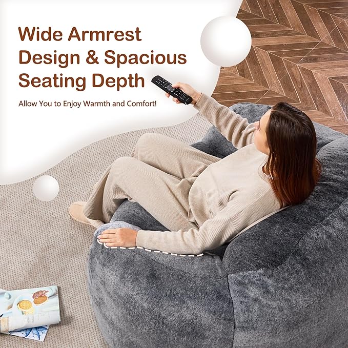 Homguava Bean Bag Chair Bean Bag Chairs for Adults Comfy Beanbag Chair with Spacious Design Oversized Bean Bag Sofa with Armrest Giant Bean Bag Chair with Filler for Living Room Bedroom (Grey)