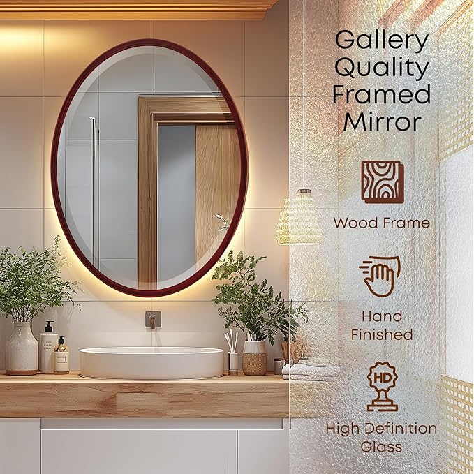 OVALCREST - Oval Wooden Beveled Wall Mirror for Home Decor, Bathroom, Vanity, Bedroom, Living Room, Hallway - London Style (Black Cherry) 13.1 x 17.1