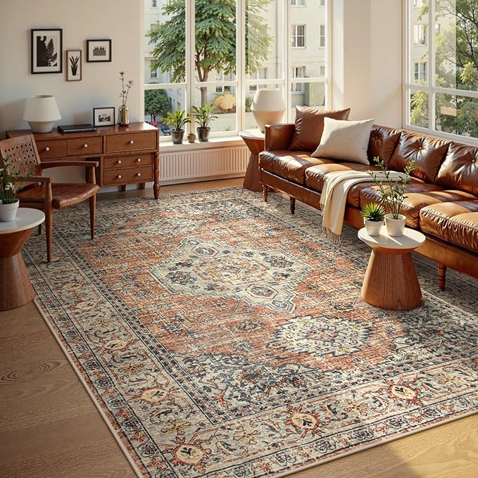 Lahome Oriental Washable Rugs 8x10, Non-Slip Soft 8x10 Rugs for Living Room Bedroom, Stain Resistant Ultra-Thin Vintage Accent Carpet for Dining Room Office, Peach/Orange
