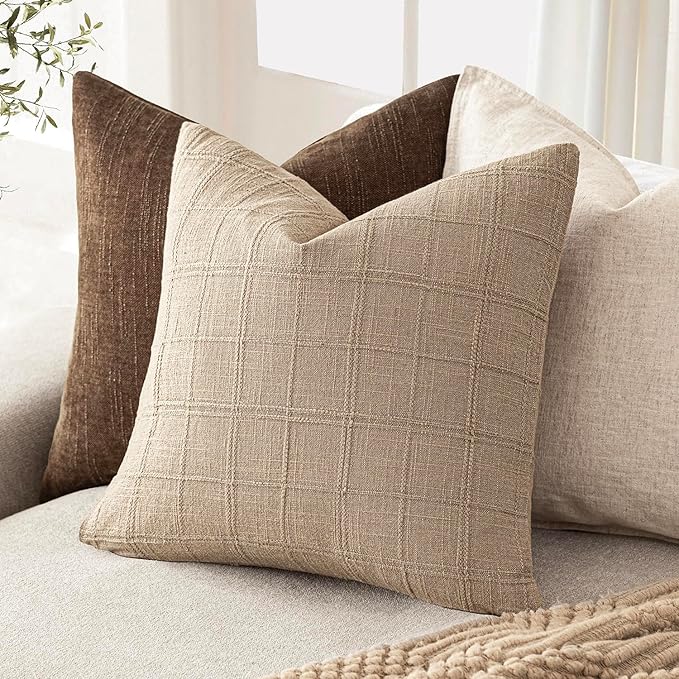 Foindtower Set of 2 Decorative Linen Check Throw Pillow Covers Neutral Farmhouse Vintage Cushion Covers Modern Coastal Boho Home Decor For Sofa Chair Couch Bedroom Living Room Outdoor,18×18 Inch,Camel