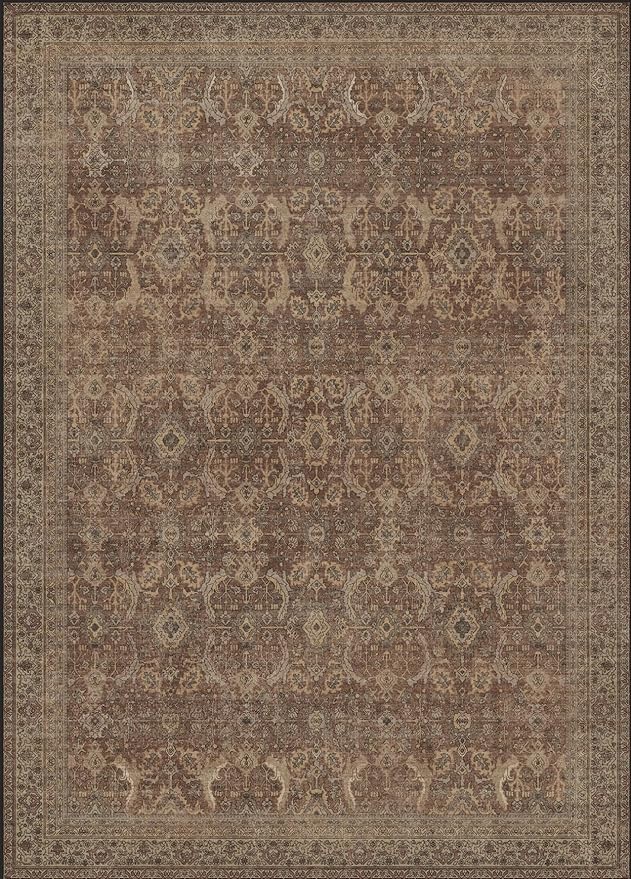 10X12 Area Rugs Machine Washable Rugs for Living Room, Vintage Boho Large Rugs for Bedroom Dining Room, Non Slip Indoor Soft Distressed Lightweight Thin Low Pile Carpet, Rustic Brown