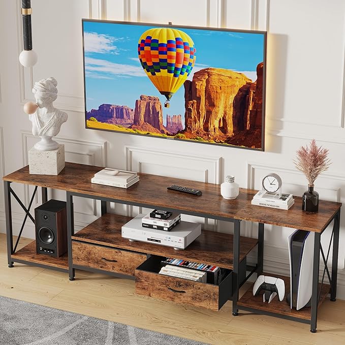 TV Stand with Fabric Drawers for 80 85 Inches TV - Entertainment Center and Industrial TV Console Table with Open Storage Shelves for Living Room, Bedroom- 79.1" Rustic Brown
