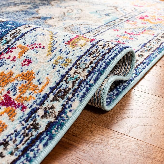 SAFAVIEH Monaco Collection Area Rug - 11' Round, Navy & Light Blue, Boho Chic Medallion Distressed Design, Non-Shedding & Easy Care, Ideal for High Traffic Areas in Living Room, Bedroom (MNC243N)