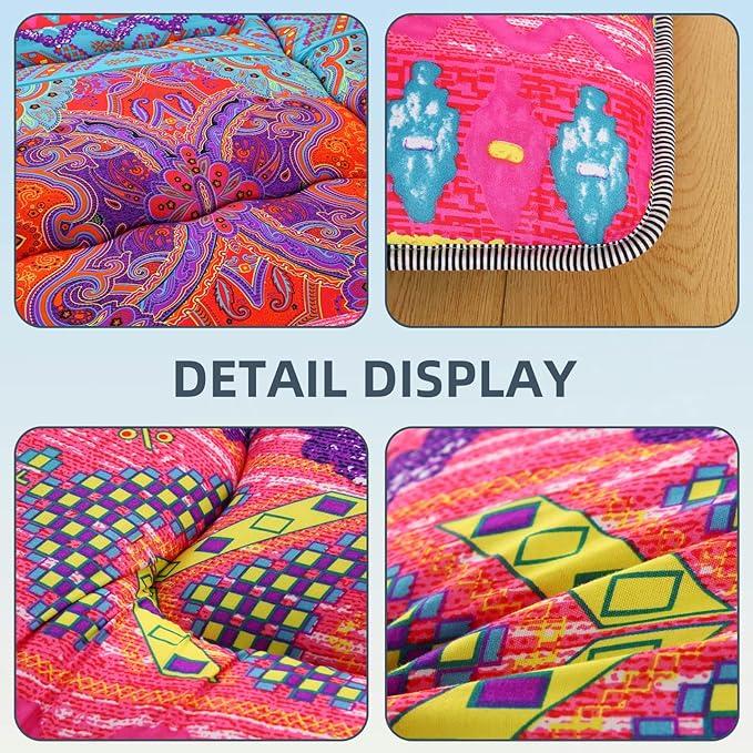 Bohemian Retro Japanese Floor Mattress, Vintage Floral Tatami Floor Mat, Portable Roll up Futon Mattress for Guest,Tavel (D,Twin 80" x 36")
