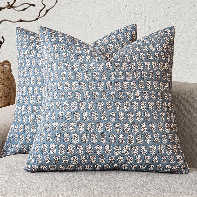 Foindtower Set of 2 Decorative Vintage Floral Print Throw Pillow Covers Neutral Modern Farmhouse Cushion Covers Boho Home Decor for Sofa Couch Chair Bedroom Living Room Outdoor,20×20 Inch,Dusty Blue