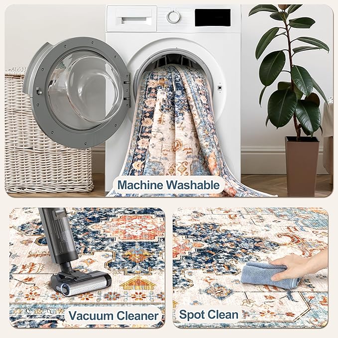 Tangsoo 3x5 Rug for Bedroom, Washable Vintage Rugs Indoor, Non Slip Accent Rug, Print Distressed Blue/Beige Carpet, Soft Low Pile for Living Room Dorm Bedroom Bedside Entryway Bathroom