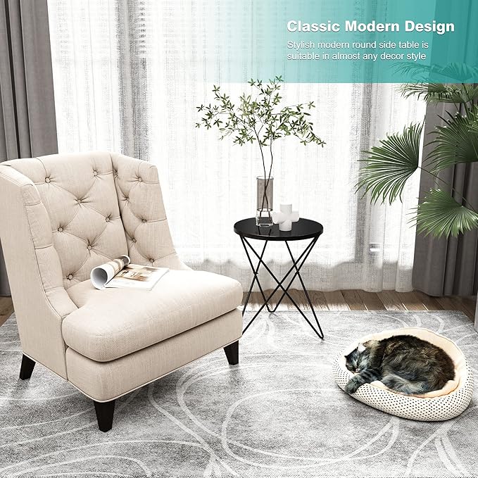 HLR Modern Round Side Table, End Table with Marble Effect Top and Gold Metal Frame, Small Side Table for Living Room, Bedroom, Sofa and Couch, Black Legs, Black Glass top
