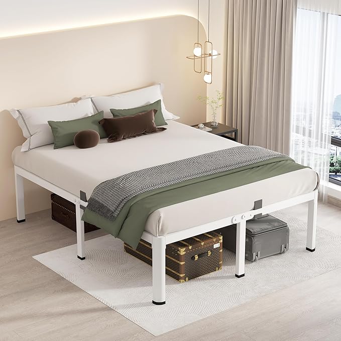 MAF 18 Inch Queen Size Bed Frame White with Round Corner Legs Mattress Slide Stopper No Box Spring Needed Heavy Duty Metal Platform Bed Frames Under-Bed Storage Space, 3000 LBS Steel Slats Support