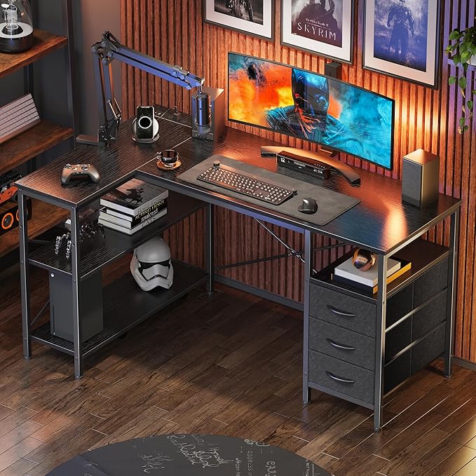 Huuger L Shaped Office Desk with Power Outlets, 47 Inch Computer Desk with 3 Drawers, Shelves, for Gaming, Corner Work, Home Office, Study, Black