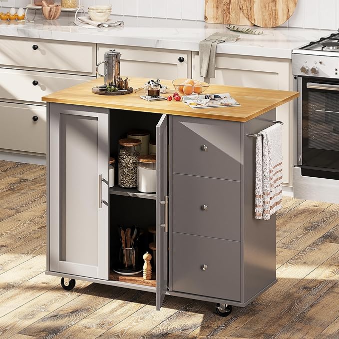 Shintenchi Rolling Kitchen Island Cart with Folding Drop Leaf Breakfast Bar, Portable Trolley Island with Large Storage Cabinet, Shelf and Drawer, Gray