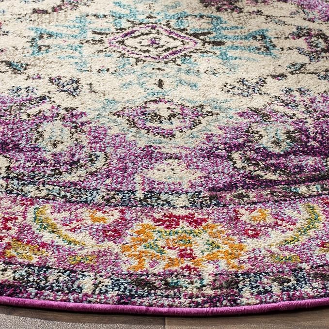 SAFAVIEH Monaco Collection Area Rug - 8'8" Round, Violet & Light Blue, Boho Chic Medallion Distressed Design, Non-Shedding & Easy Care, Ideal for High Traffic Areas in Living Room, Bedroom (MNC243L)