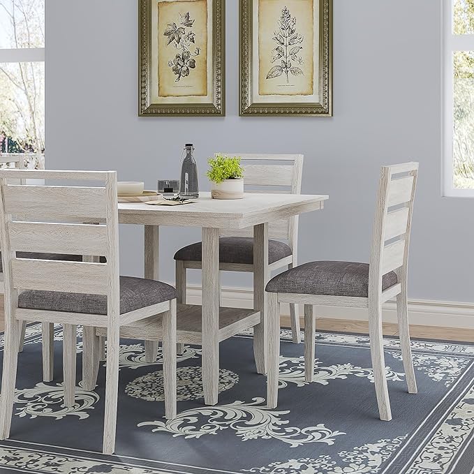 5-Piece Solid Wood Dining Table Set for 4, Modern Breakfast Dinette Kitchen Table with Bench & Chairs for Dining Room, Kitchen, Grey
