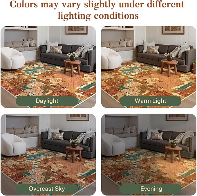 GENIMO 5X7 Floral Area Rugs for Living Room, Machine Washable Non Slip Vintage Patchwork Washable Rug, Ultra-Thin Low Pile Chenille Rugs for Bedroom, Dining Room, Rose Red