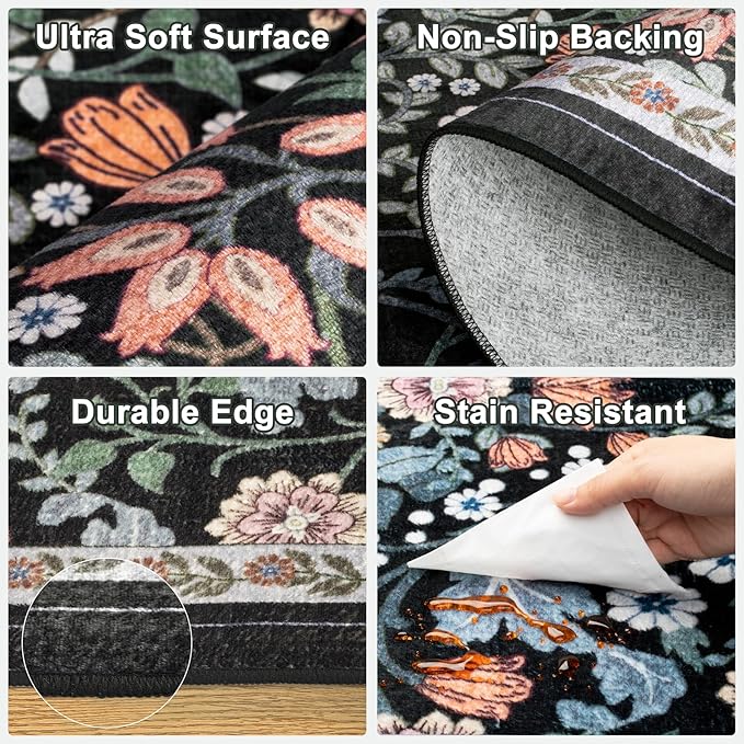 Area Rugs 9x12 Living Room: Floral Washable Rug Vintage Large Soft Boho Non-Slip Carpet Indoor Stain Resistant Low Pile Carpets for Bedroom Dining Room Farmhouse Nursery Hallway Home Office Dark Black