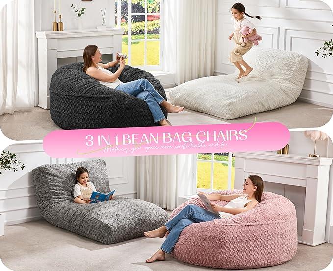 Hobestluk Bean Bag Chair Convertible Beanbag Chairs for Adults, 3 in 1 Bean Bags with Plush Chevron Cover, Adult Bean Bag Chair for Living Room, Bedroom (Pink, Twin)