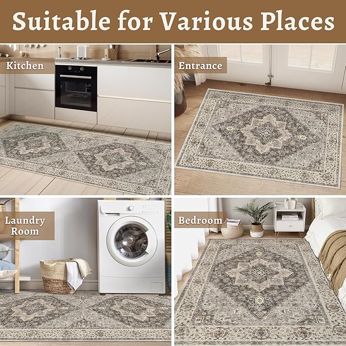Tangsoo 2.6x8 Washable Runner Rug for Hallways, Non Slip Vintage, Soft Low Pile Long Runner, Print Distressed Brown/Grey Carpet Runners for Kitchen Bedroom Entryway Bathroom Living Room