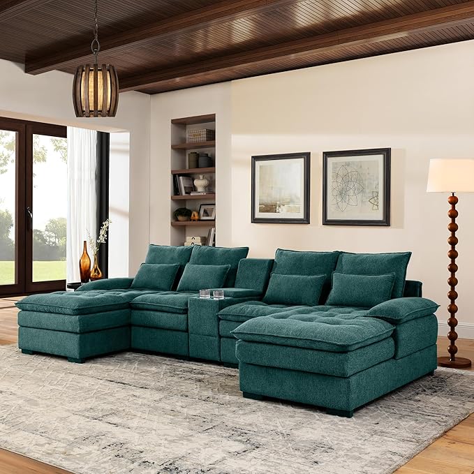 KEIKI 130" U-Shaped 6 seat Sofa with Storage Console, Cup Holders, Upholstered Sectional Sofa, Button Tufted Cloud Cushion Couch for Home, Office, Apartment, Green