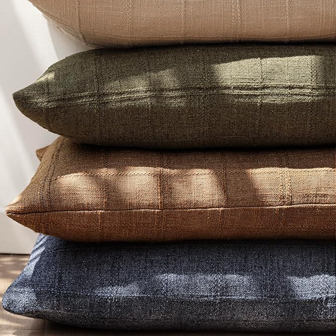 Foindtower Set of 2 Decorative Linen Check Throw Pillow Covers Neutral Farmhouse Vintage Cushion Covers Modern Boho Home Decor for Sofa Chair Couch Bedroom Living Room Outdoor,24×24 Inch,Navy Blue