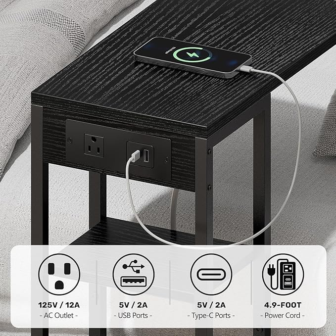 C Shaped End Table with Charging Station, Small Side Table for Couch Recliner, Slide Under Sofa Desk Snack Tables with Storage Bag & AC / USB Outlet, Small Spaces Drink Tables for Living Room, Bedroom