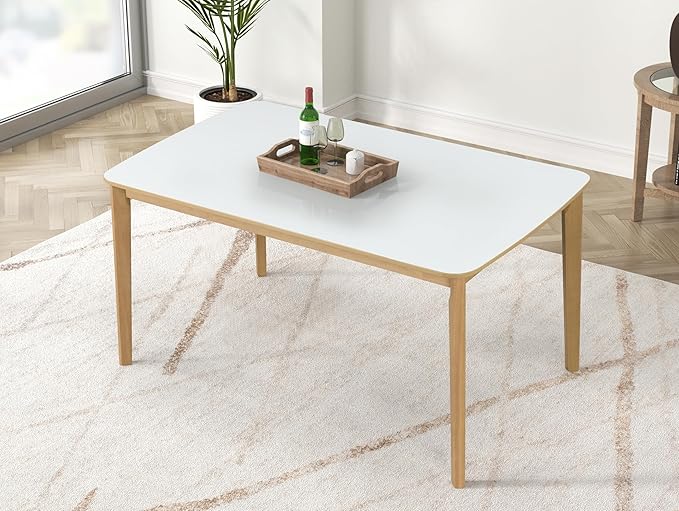 Merax 6-Piece Dining Table Set, One Table One Bench and Four Chairs, High Gloss White Tabletop with Light Oak Color