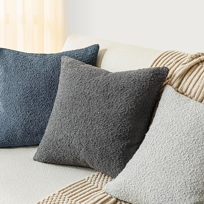 Foindtower Set of 2, Decorative Textured Boucle Throw Pillow Covers Accent Solid Pillow Cases Neutral Soft Cozy Couch Cushion Case for Chair Sofa Bedroom Living Room Home Decor 24 x 24 Inch Dark Grey