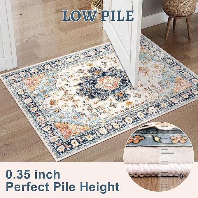 Tangsoo 2x5 Washable Runner Rug for Hallways, Non Slip Vintage Runner Rug, Soft Low Pile Long Print Distressed Blue/Orange for Kitchen Bedroom Entryway Bathroom Living Room