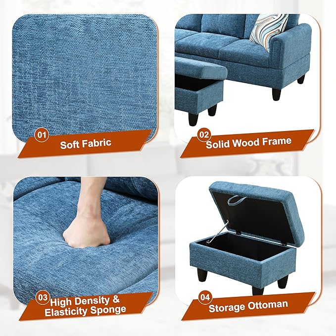 Osparple L Shaped Couch Sectional Couches for Living Room Upholstered Flannel 3 Pieces Modular Sectional Sofa with Chaise, Ottoman with Storage for Living Room and Small Apartment, Blue
