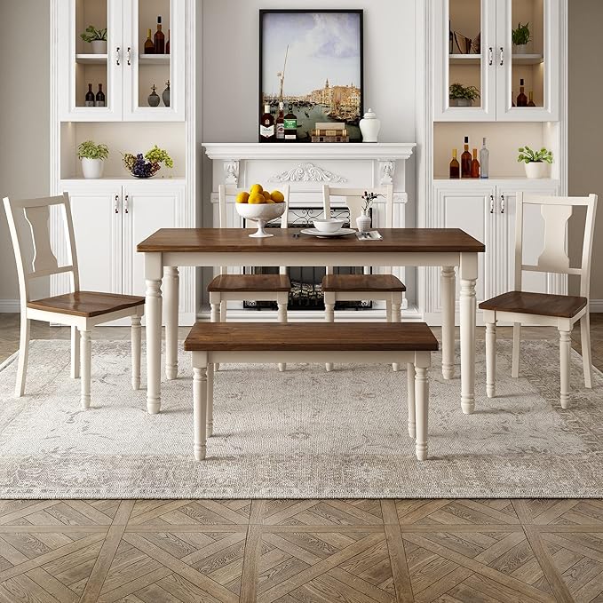 SogesPower Classic 6-Piece Dining Table Set for 4-6,Rectangular Farmhouse Wooden Dining Table Set with 4 Chairs & 1 Bench for Dining Room Living Room,Brown+Cottage White